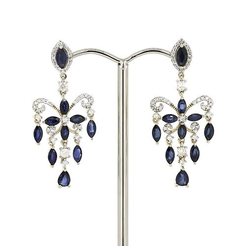 "Wholesaler Closing Down Must Be Sold" 14K Yellow Gold, Blue Sapphire and Diamond, Chandelier Style Earrings