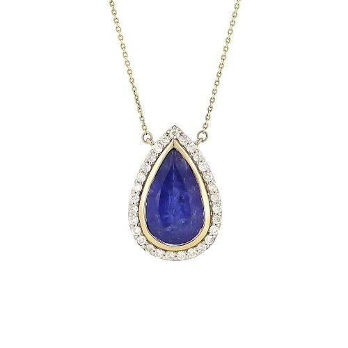 "Wholesaler Closing Down Must Be Sold" 14K Yellow Gold, 6.07ct Tanzanite and Diamond, Pear Shaped Halo Pendant Necklace