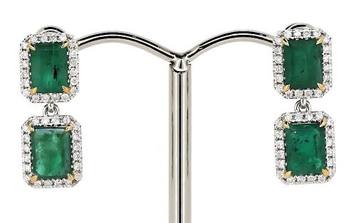 "Wholesaler Closing Down Must Be Sold" 14K White Gold, Emerald and Diamond, Double Drop Earrings