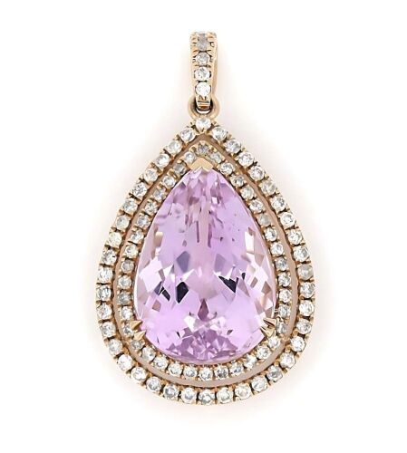 "Wholesaler Closing Down Must Be Sold" 14K Rose Gold, 8.39ct Kunzite and Diamond, Double Halo Pendant