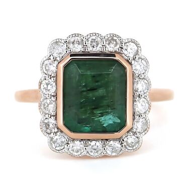 "Wholesaler Closing Down Must Be Sold" 14K Rose Gold, Emerald and Diamond, Halo Ring