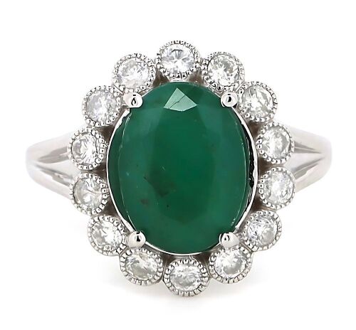 "Wholesaler Closing Down Must Be Sold" 14K White Gold, Emerald and Diamond, Scalloped Halo Ring