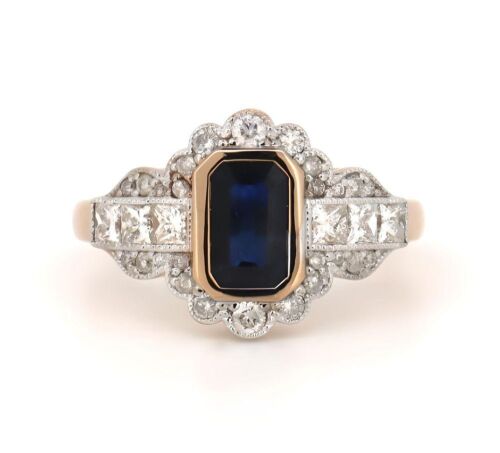 "Wholesaler Closing Down Must Be Sold" 14K Rose Gold, Blue Sapphire and Diamond, Art Deco Ring