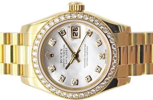 Rolex Lady-Datejust 26 Mother of Pearl Diamond Dial & Diamond Bezel Yellow Gold President Bracelet 2003 Box and Papers