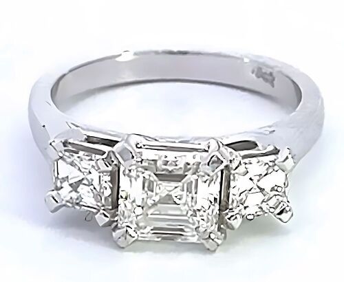 18k White Gold GIA Certified Three Asscher Diamond Ring