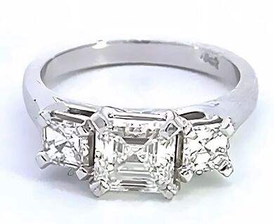 18k White Gold GIA Certified Three Asscher Diamond Ring