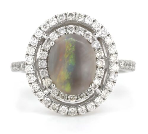 14K White Gold, Black Lightning Ridge Opal and Diamond, Double Halo Ring