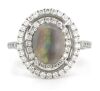 14K White Gold, Black Lightning Ridge Opal and Diamond, Double Halo Ring