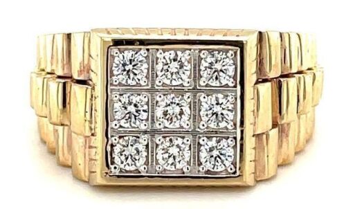 mens 9ct Gold Ring with 9 Diamonds & rolex style detailed band