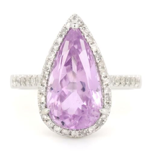 14K White Gold, 6.04ct Kunzite and Diamond, Pear Cut Halo Ring