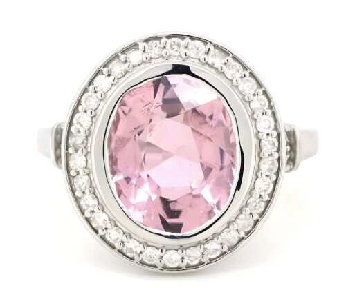 14K White Gold, Pink Tourmaline and Diamond, Halo Ring