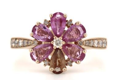 14K Rose Gold, Fancy Coloured Sapphire and Diamond, Flower Ring