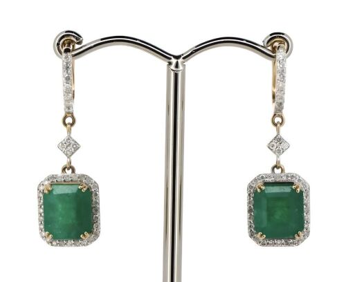 14K Yellow Gold, Emerald and Diamond Earrings