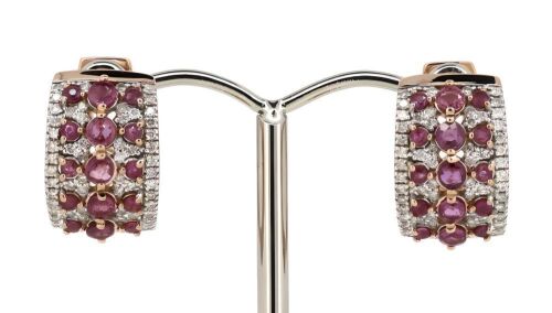 14K Rose Gold, Pink Sapphire and Diamond, Huggie Style Earrings