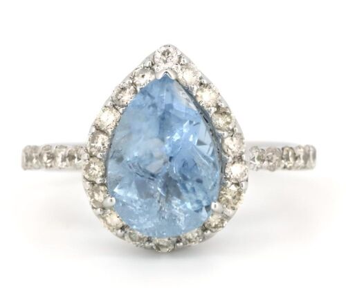 14K White Gold, Aquamarine and Diamond, Pear Cut Halo Ring