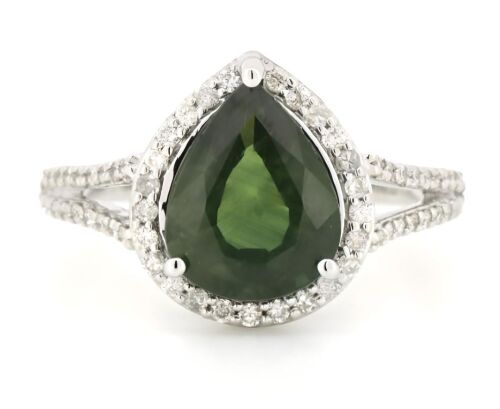 14K White Gold, Green Sapphire and Diamond, Halo Split Band Ring