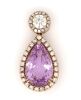 14K White Gold, Kunzite and Diamond, Halo Drop Pendant