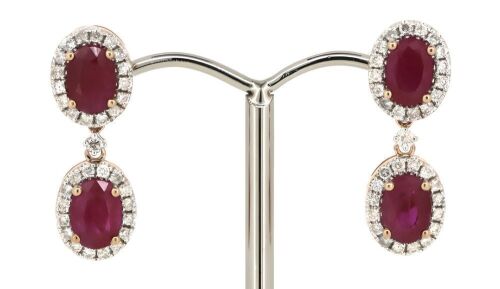 14K Rose Gold, Ruby and Diamond, Halo Drop Earrings