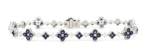 14K White Gold, Blue Sapphire and Diamond, Floral Design Bracelet