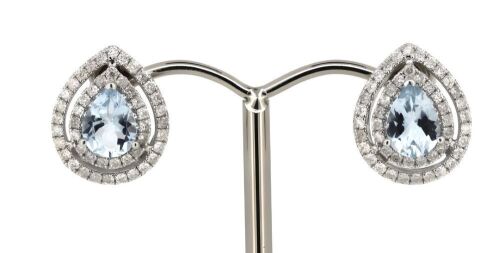 14K White Gold, Aquamarine and Diamond, Double Halo Earrings