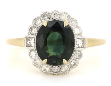 14K Yellow Gold, Green Sapphire and Diamond, Halo Dress Ring