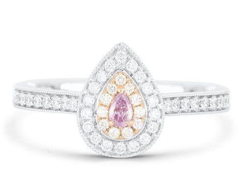 18k White & Rose gold ring set with a 0.06ct natural pink pear cut diamond surrounded by F/VS Diamonds