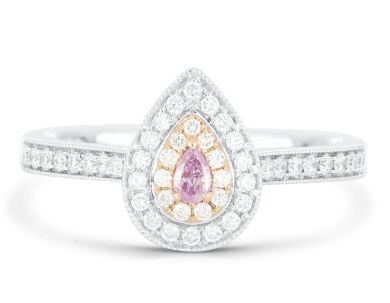 18k White & Rose gold ring set with a 0.06ct natural pink pear cut diamond surrounded by F/VS Diamonds