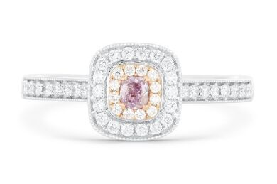 18k White & Rose gold ring set with a 0.07ct natural pink cushion cut diamond surrounded by F/VS diamonds