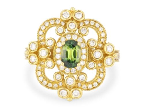 18k Yellow gold ring set with a 0.65ct natural Australian parti coloured sapphire & 0.78cts of Diamonds