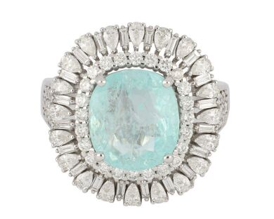 18k White gold ring set with GIA certified 3.89ct paraiba Tourmaline and 1.25ct of F/VS Diamonds