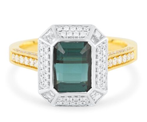 18k Yellow gold ring set with a 1.78ct natural green Tourmaline & 0.82cts of F/VS Diamonds