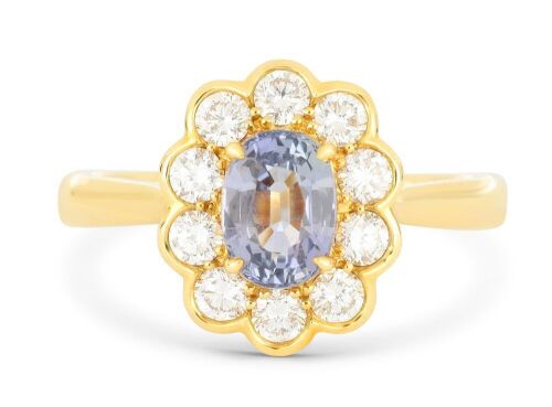 18k Yellow gold ring set with a 1.36ct natural colour change Sappphire & 0.66cts of F/VS Diamonds