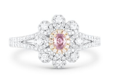 18k White gold ring set with a centre oval cut 0.108ct natural FDPP (Natural Fancy Deep Pinkish Purple) diamond