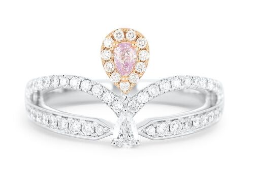 18k White gold ring set with a centre pear cut 0.124ct natural FIPP (Natural Fancy Intense Pinkish Purple) diamond