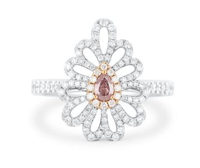 18k White gold ring set with a centre pear cut 0.134ct natural FBP (Natural Fancy Brownish Pink) diamond