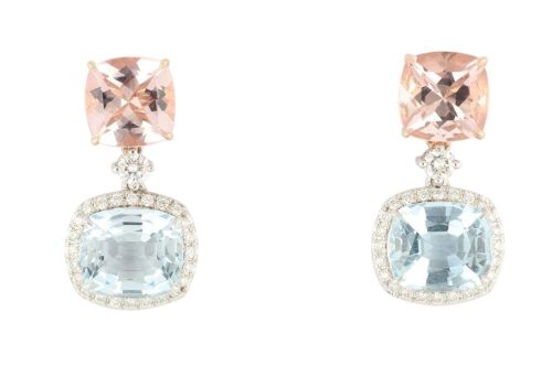 18ct Rose and White gold Morganite, Aquamarine & Diamond drop earrings