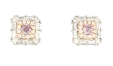 18k White gold ear studs set with natural purple pink diamonds & F/VS diamonds