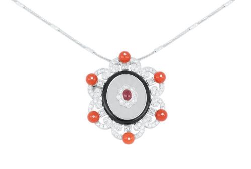 18k White gold diamond, coral, ruby & onyx brooch/pendant on 18k chain