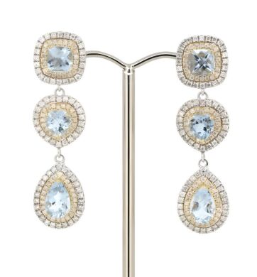 14K White/Yellow Gold, Aquamarine and Diamond, Halo Drop Earrings.