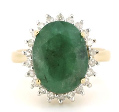 14K Yellow Gold, Emerald and Diamond, Vintage Style Halo Ring.