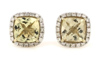 14K Yellow Gold, Heliodor and Diamond, Halo Stud Earrings.