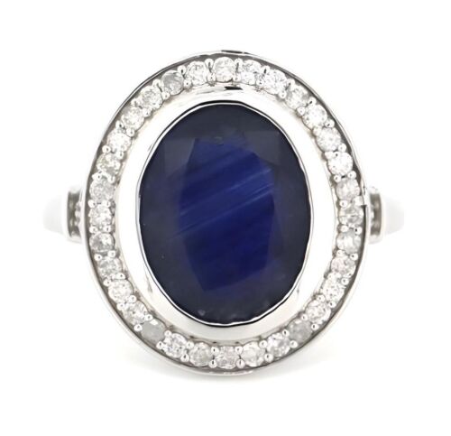 14K White Gold, Blue Sapphire and Diamond, Halo Ring.