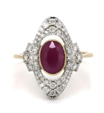 14K Yellow Gold, Ruby and Diamond, Vintage Inspired Ring.