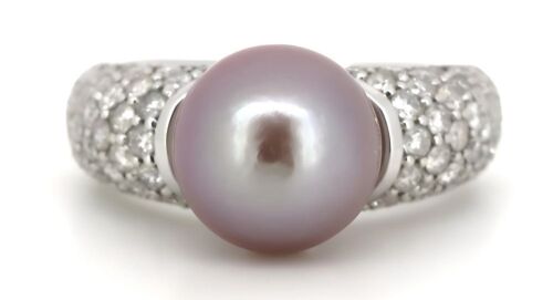 14K White Gold, Pink Pearl and Diamond Cocktail Ring.