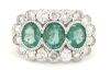 14K Yellow/White Gold, Emerald and Diamond, Decorative Halo Trilogy Ring.