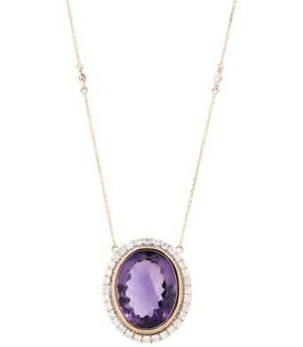 10K Rose Gold, Amethyst and Diamond, Halo Pendant Necklace.