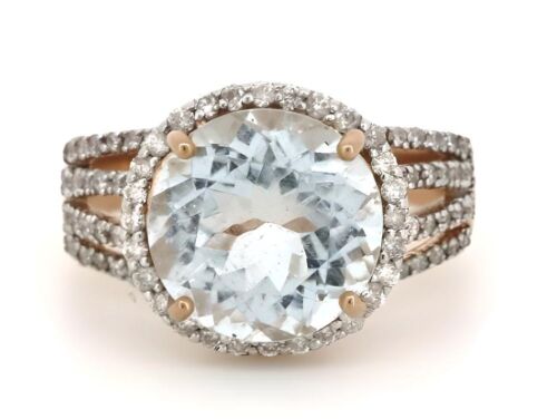 14K Rose Gold Aquamarine and Diamond Halo Multi-split Band Ring.