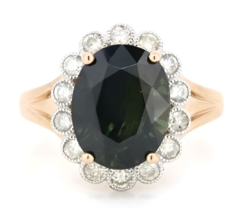 14K Rose Gold, Green Sapphire and Diamond, Scalloped Halo Ring.