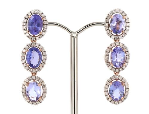 14K Rose Gold, Tanzanite and Diamond, Halo Drop Earrings.