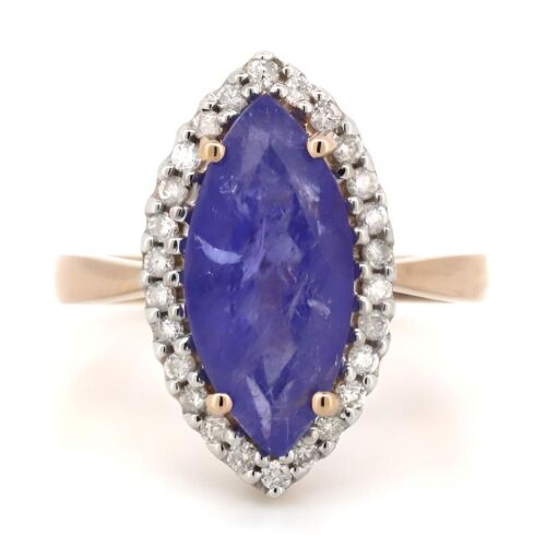 14K Rose Gold, Tanzanite and Diamond, Marquise Halo Ring